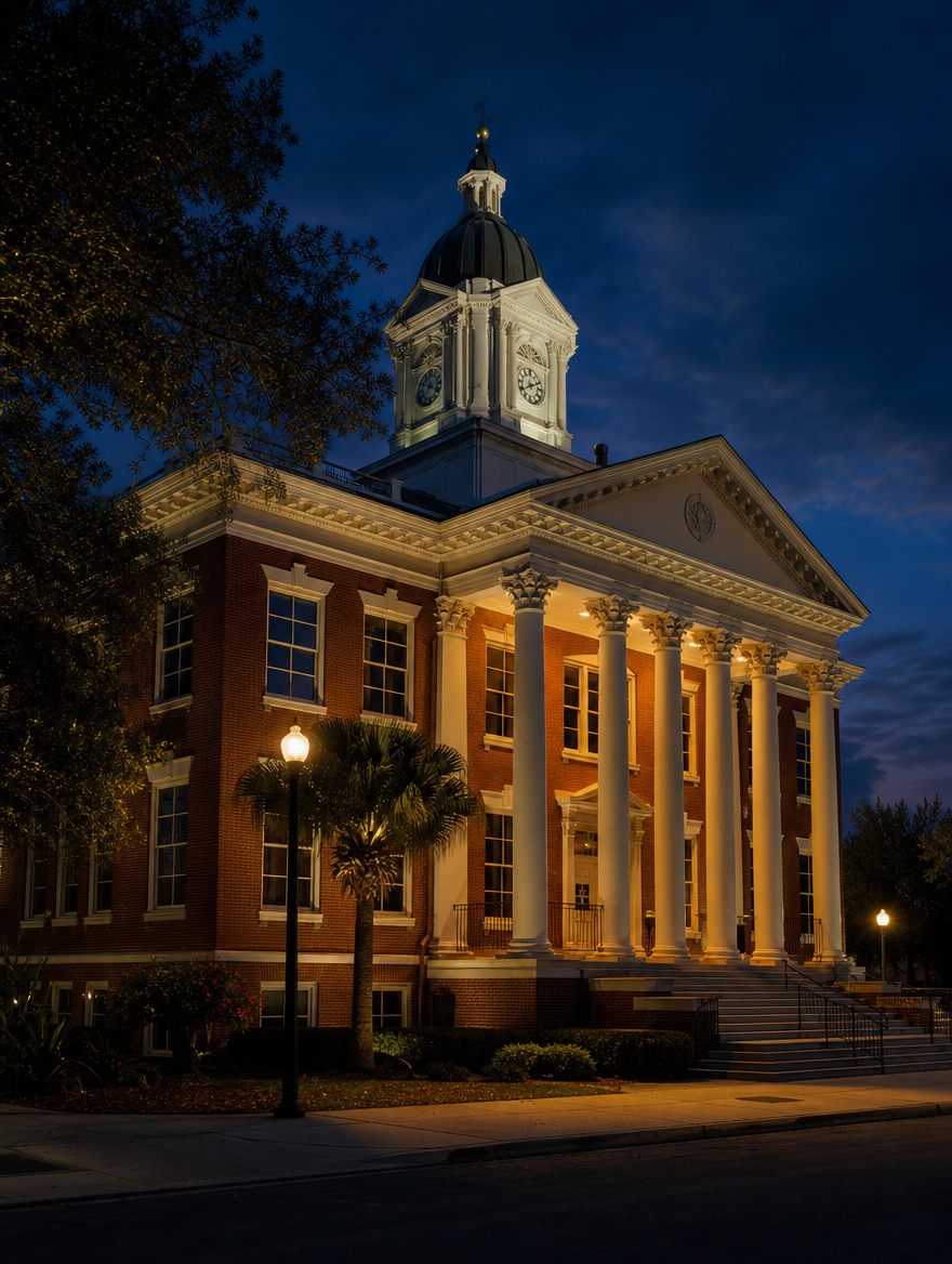 Historic Florida courthouse with classical columns at dusk